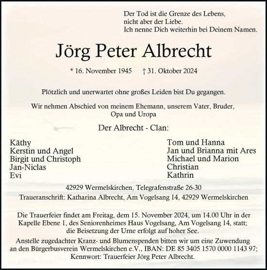 Traueranzeige von Jörg Peter Albrecht von Rheinische Post