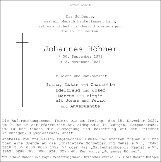 Traueranzeige von Johannes Höhner von Rheinische Post