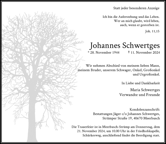 Traueranzeige von Johannes Schwertges von Rheinische Post