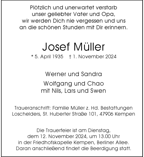 Traueranzeige von Josef Müller von Rheinische Post