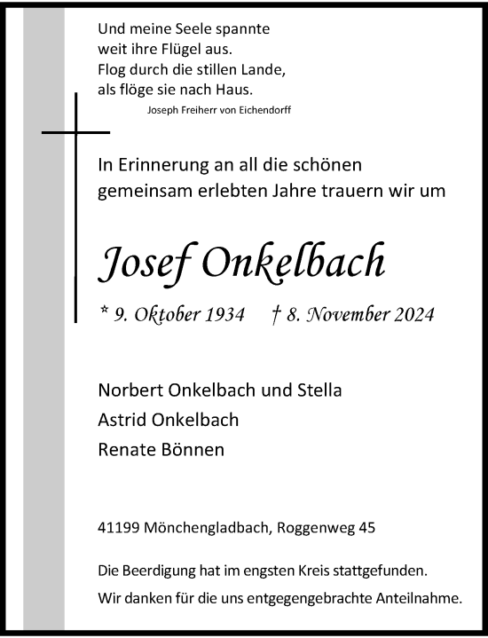 Traueranzeige von Josef Onkelbach von Rheinische Post