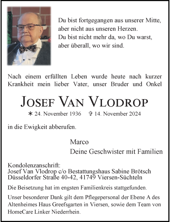 Traueranzeige von Josef Van Vlodrop von Rheinische Post