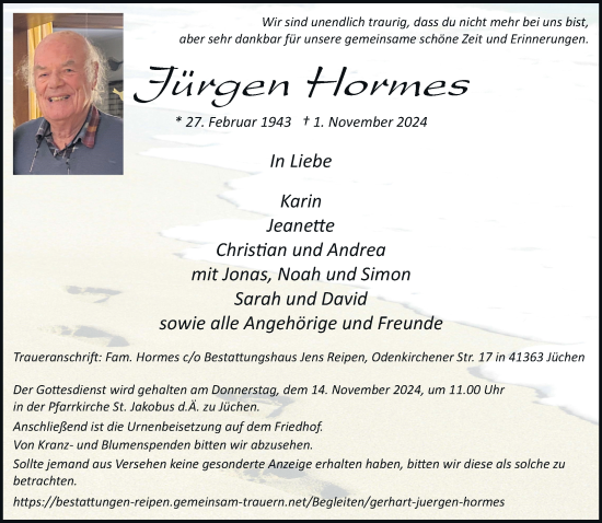 Traueranzeige von Jürgen Hormes von Rheinische Post