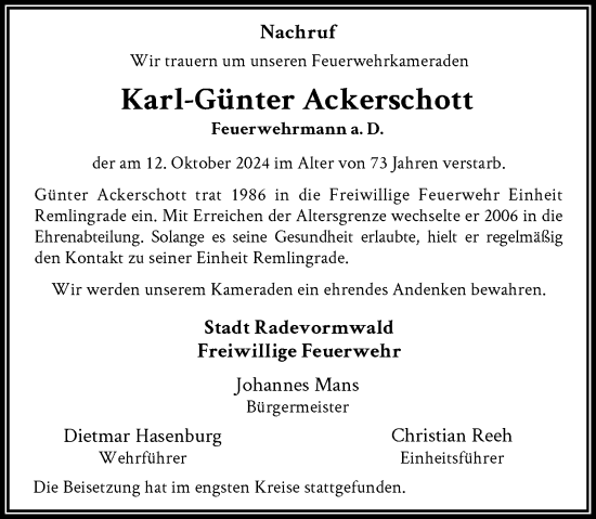 Traueranzeige von Karl-Günter Ackerschott von Rheinische Post