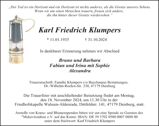 Traueranzeige von Karl Friedrich Klumpers von Rheinische Post