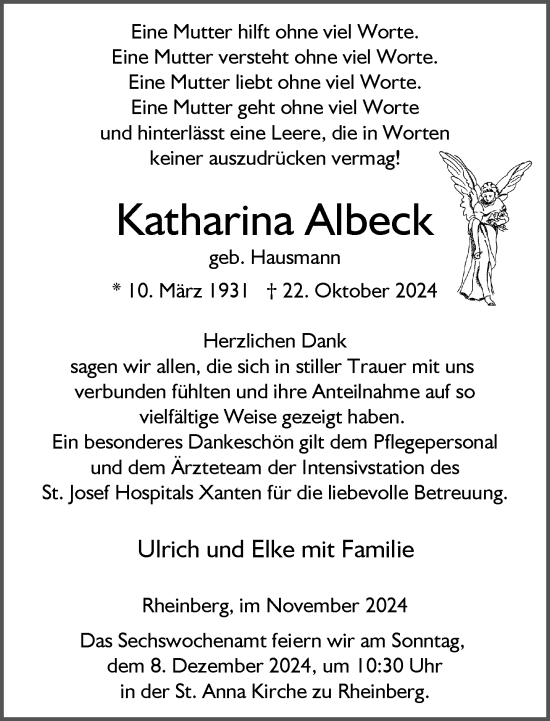 Traueranzeige von Katharina Albeck von Rheinische Post