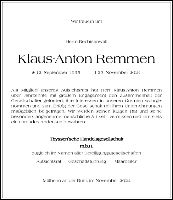 Traueranzeige von Klaus-Anton Remmen von Rheinische Post