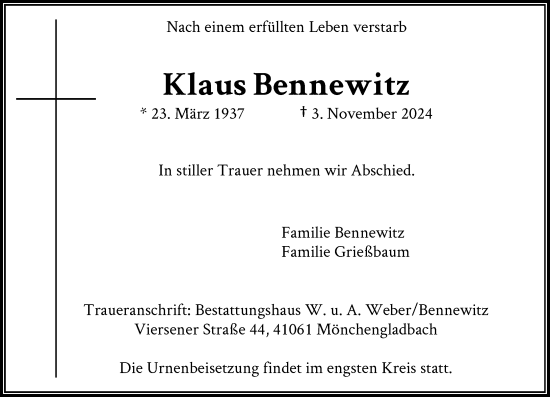 Traueranzeige von Klaus Bennewitz von Rheinische Post