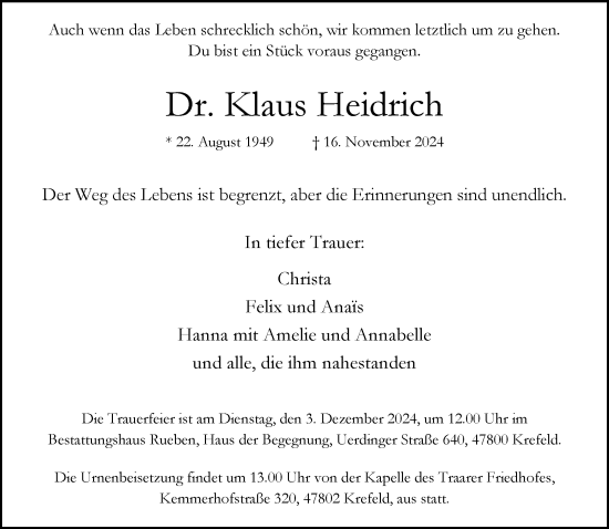 Traueranzeige von Klaus Heidrich von Rheinische Post