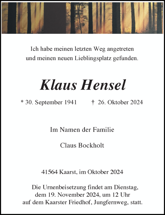 Traueranzeige von Klaus Hensel von Rheinische Post