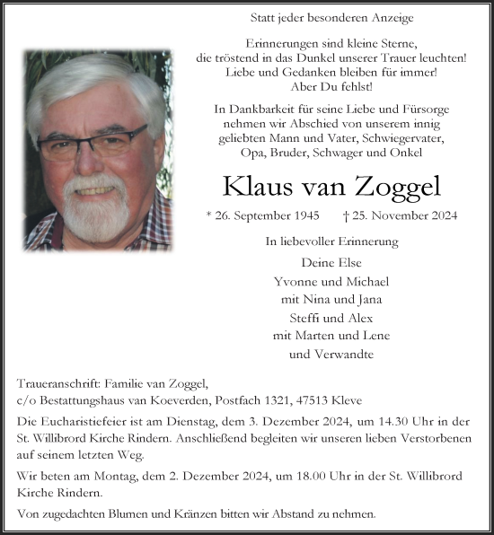 Traueranzeige von Klaus van Zoggel von Rheinische Post