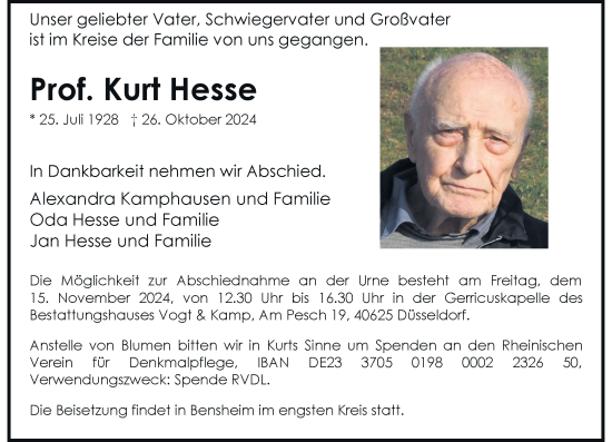 Traueranzeige von Kurt Hesse von Rheinische Post