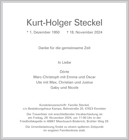 Traueranzeige von Kurt-Holger Steckel von Rheinische Post