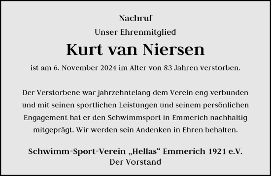 Traueranzeige von Kurt van Niersen von Rheinische Post