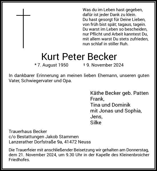 Traueranzeige von Kurt Peter Becker von Rheinische Post