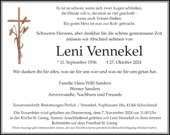 Traueranzeige von Leni Vennekel von Rheinische Post