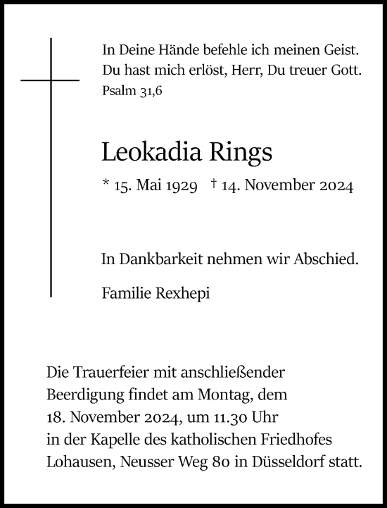 Traueranzeige von Leokadia Rings von Rheinische Post