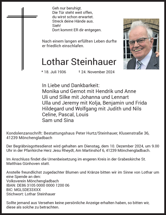 Traueranzeige von Lothar Steinhauer von Rheinische Post