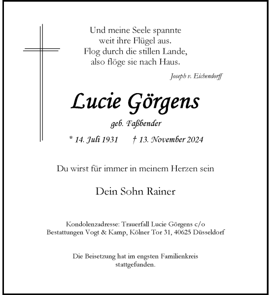 Traueranzeige von Lucie Görgens von Rheinische Post