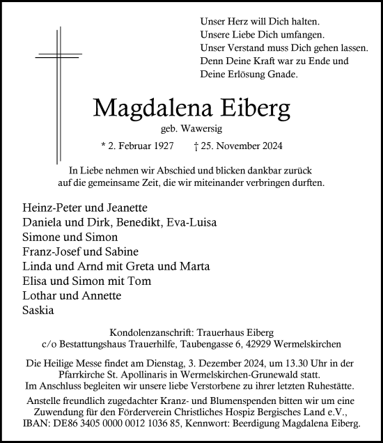 Traueranzeige von Magdalena Eiberg von Rheinische Post