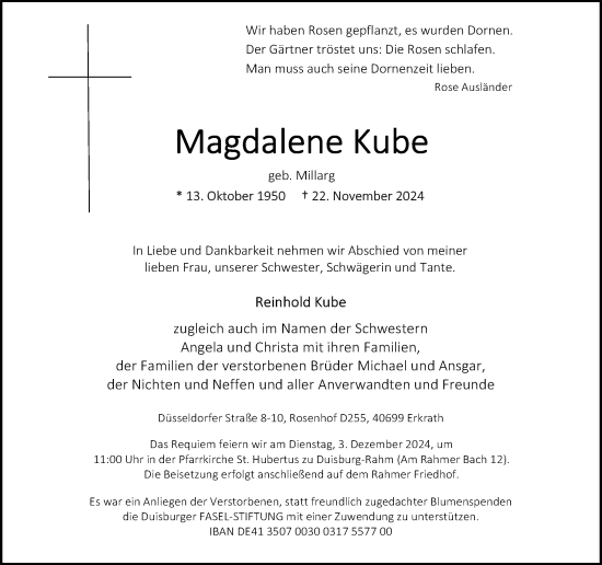 Traueranzeige von Magdalene Kube von Rheinische Post