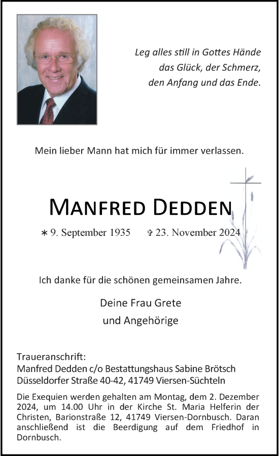 Traueranzeige von Manfred Dedden von Rheinische Post