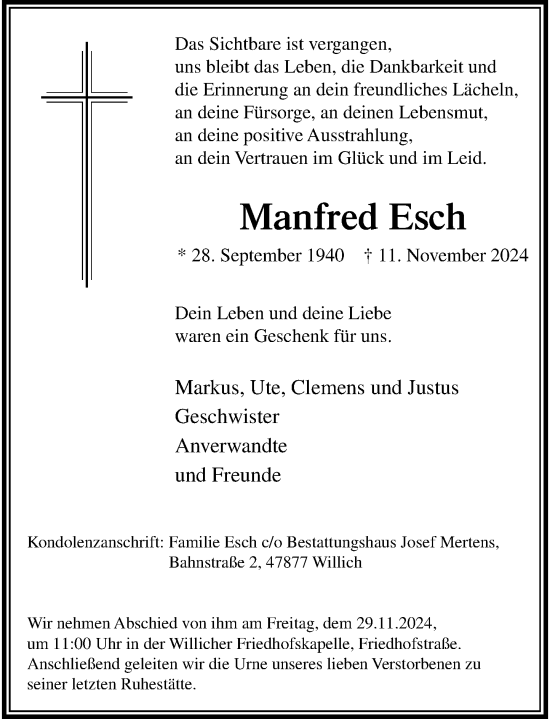 Traueranzeige von Manfred Esch von Rheinische Post