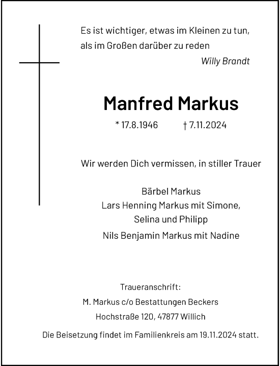 Traueranzeige von Manfred Markus von Rheinische Post