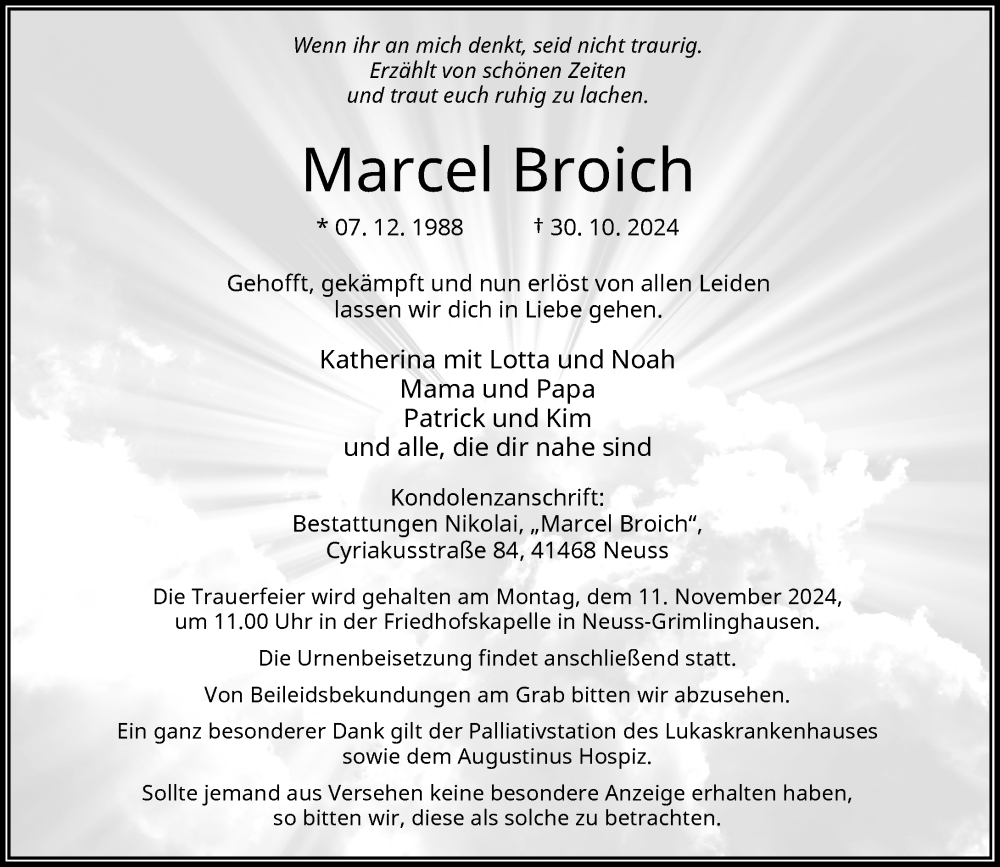  Traueranzeige für Marcel Broich vom 09.11.2024 aus Rheinische Post