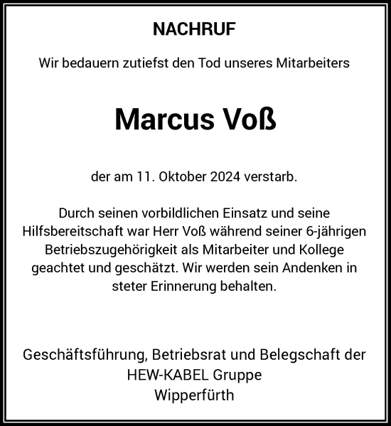 Traueranzeige von Marcus Voß von Rheinische Post