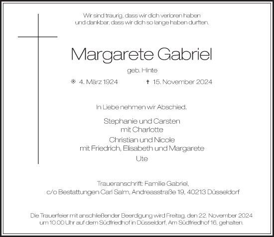 Traueranzeige von Margarete Gabriel von Rheinische Post