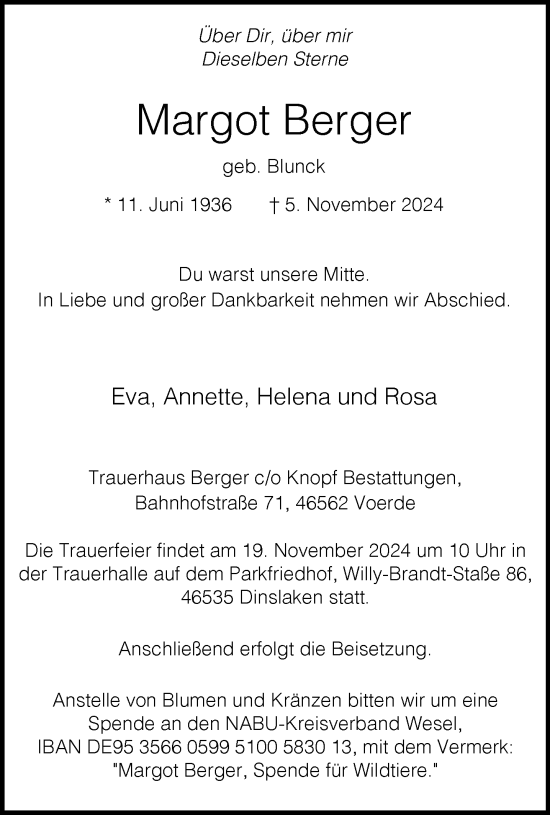 Traueranzeige von Margot Berger von Rheinische Post