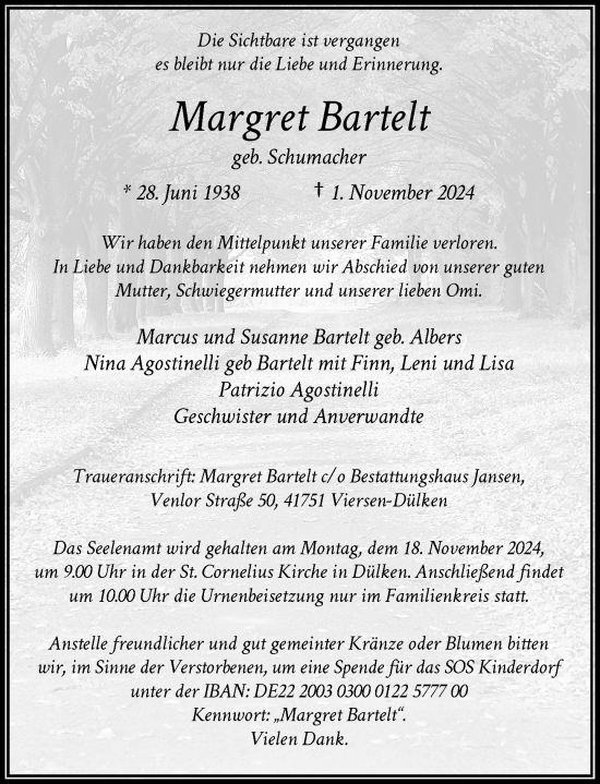 Traueranzeige von Margret Bartelt von Rheinische Post