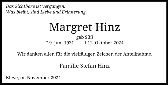 Traueranzeige von Margret Hinz von Rheinische Post