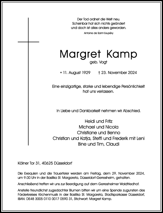 Traueranzeige von Margret Kamp von Rheinische Post