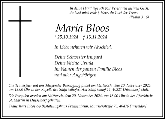 Traueranzeige von Maria Bloos von Rheinische Post