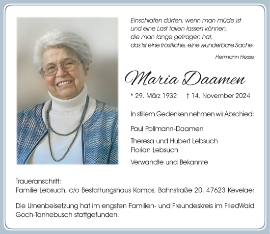 Traueranzeige von Maria Daamen von Rheinische Post