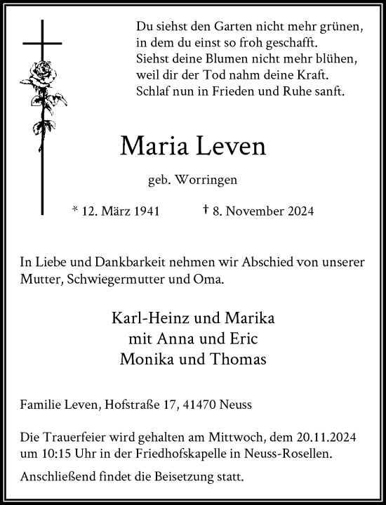 Traueranzeige von Maria Leven von Rheinische Post