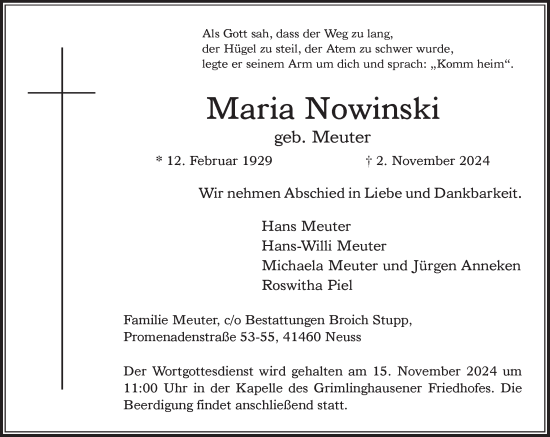 Traueranzeige von Maria Nowinski von Rheinische Post