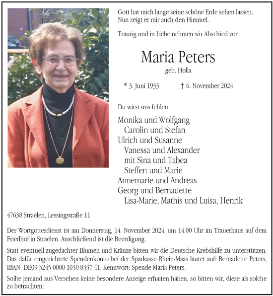 Traueranzeige von Maria Peters von Rheinische Post