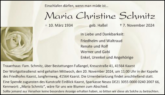 Traueranzeige von Maria Christine Schmitz von Rheinische Post