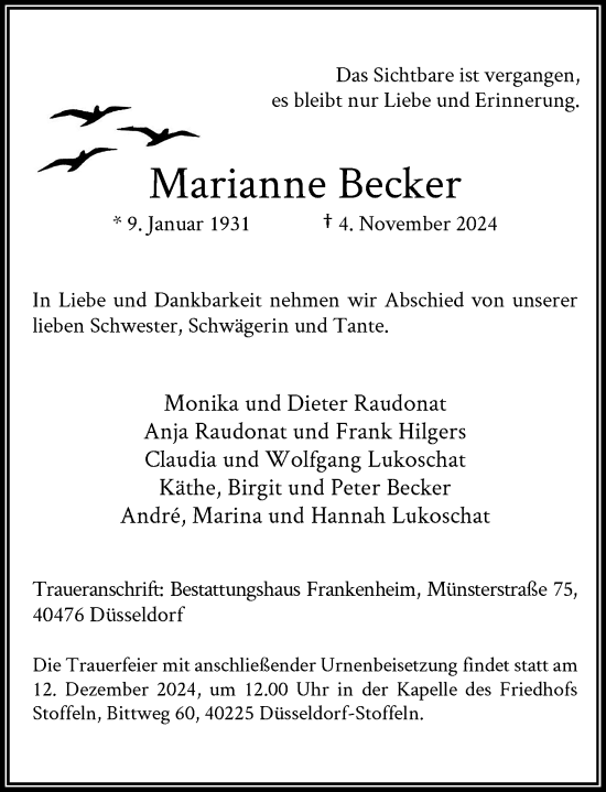 Traueranzeige von Marianne Becker von Rheinische Post