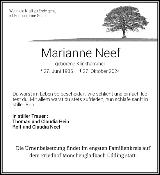 Traueranzeige von Marianne Neef von Rheinische Post