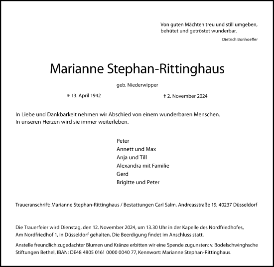 Traueranzeige von Marianne Stephan-Rittinghaus von Rheinische Post