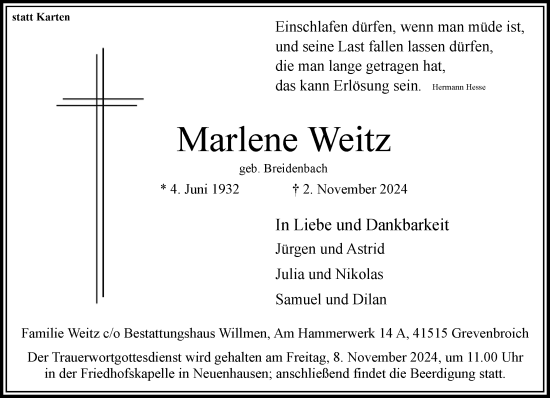 Traueranzeige von Marlene Weitz von Rheinische Post