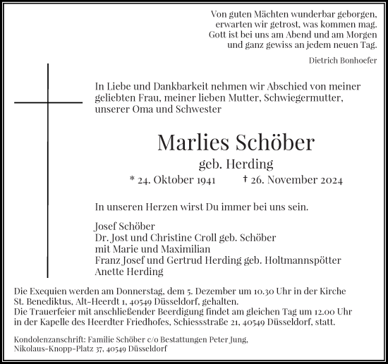 Traueranzeige von Marlies Schöber von Rheinische Post