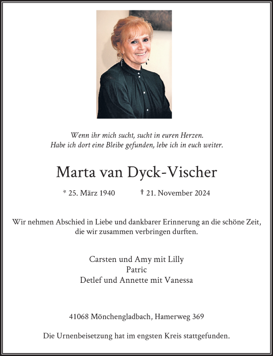 Traueranzeige von Marta van Dyck-Vischer von Rheinische Post