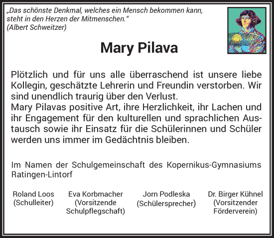 Traueranzeige von Mary Pilava von Rheinische Post