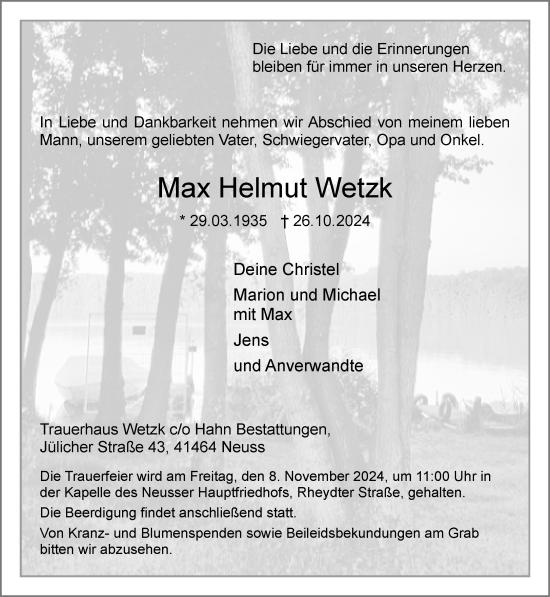 Traueranzeige von Max Helmut Wetzk von Rheinische Post