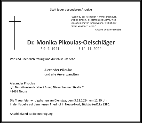 Traueranzeige von Monika Pikoulas-Oelschläger von Rheinische Post